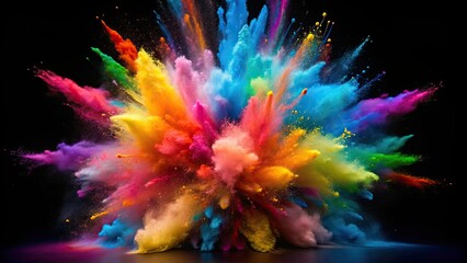 Sticker - Explosion of multi-coloured powder paint on black background, vibrant, colorful, particles, splatter, isolated, celebration