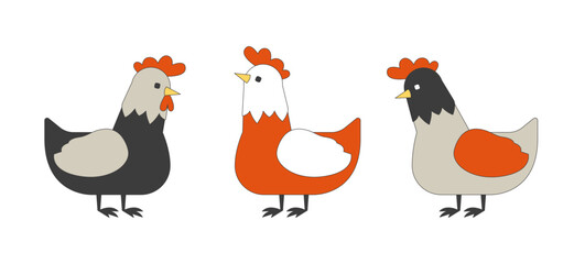 Poster - Farm chickens group 2D linear cartoon characters set. Poultry husbandry habitats isolated line vector animals white background. Agricultural industry color flat spot illustrations collection