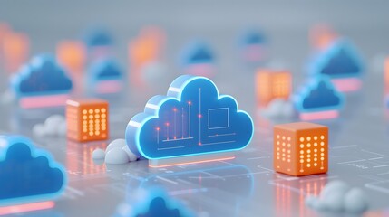 Poster - 3D illustration of cloud computing and data storage infrastructure with glowing cloud and server icons on a futuristic grid background.