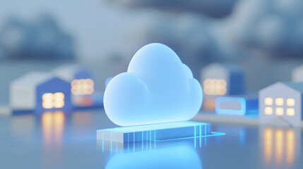 Poster - 3d illustration of cloud computing concept with glowing cloud icon and small buildings. digital tech