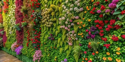 Wall Mural - Vibrant floral wall with lush greenery , colorful, wall, vibrant, flowers, lush, plants, nature, botanical, garden