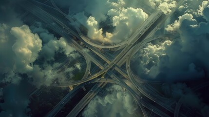 Wall Mural - Depict an aerial view of a highway intersection with a dramatic sky, featuring clouds that add texture to the scene.