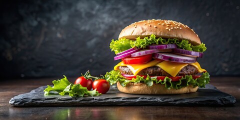 Poster - Burger with cheese, tomatoes, red onions, cucumber, and lettuce on black slate over dark background, burger