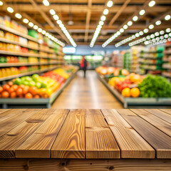 Empty wooden table in a supermarket aisle
Light wood table with blurred supermarket background
Supermarket product display table blurred background 