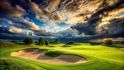 Green grass and sand bunker on golf course with a cloudy sky background, golf course, green, grass, sand bunker, beautiful