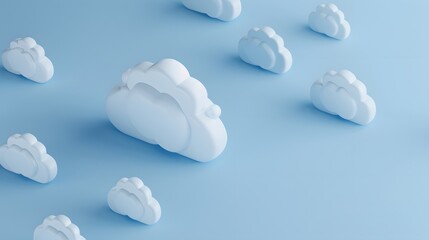 Poster - 3D rendered white cloud icons on a light blue background, symbolizing cloud computing, data storage, and technology concepts.