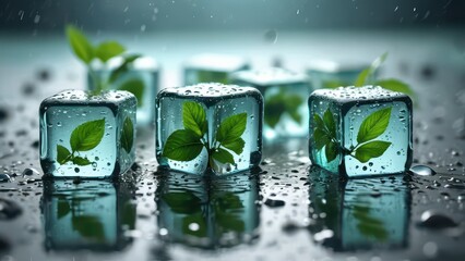 Canvas Print - Frozen Green Leaves in Ice Cubes.