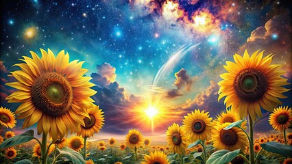 Wall Mural - cosmic sunflower reverie in a vibrant and dreamy space , sunflower, cosmic, ethereal, dreamy, surrea