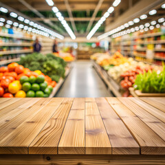 Empty wooden table in a supermarket aisle
Light wood table with blurred supermarket background
Supermarket product display table blurred background 