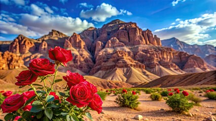 Canvas Print - Beautiful desert mountains contrasted by vibrant roses , desert, mountains, roses, sand, landscape, arid, beauty