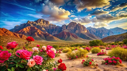 Canvas Print - Beautiful mountains rise high above a desert landscape dotted with vibrant roses, desert, mountains, roses, nature, landscape, beauty