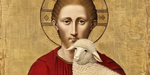 Wall Mural - an icon of Jesus Christ as the Good Shepherd depicted in traditional Byzantine style holding a lamb with a golden halo and intricate details capturing a sense of peace and guidance