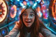 © Vera - beautiful young woman with long brown hair, wearing glasses, is smiling and looking amazed as she gazes at the hypnotizing clocks in the hyperspace tunnel.