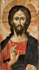 Wall Mural - an icon of Jesus Christ Pantocrator depicted in traditional Byzantine style with a golden halo holding a book and blessing with his right hand capturing a sense of authority and compassion