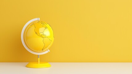 Poster - a minimalist yellow globe on a stand, set against a plain background with space for text. this image