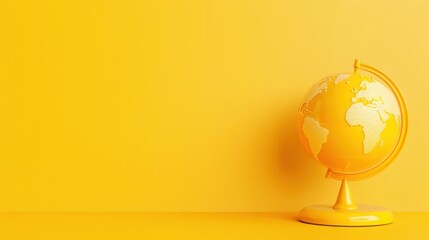 Poster - a minimalist yellow globe on a stand, set against a plain background with space for text. this image
