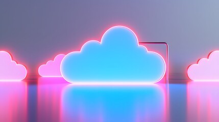 Poster - A vibrant neon cloud icon with a futuristic glow, representing modern cloud technology on a sleek reflective surface.