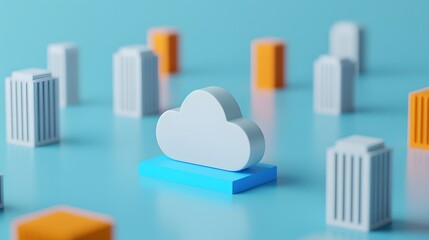 Poster - Abstract 3D illustration of cloud computing concept with a cloud icon surrounded by buildings on a blue background.