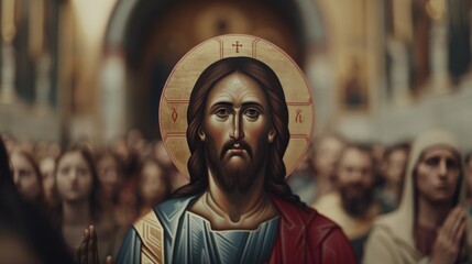 Wall Mural - an icon of Jesus Christ Pantocrator depicted in traditional Byzantine style with a golden halo holding a book and blessing with his right hand capturing a sense of authority and compassion