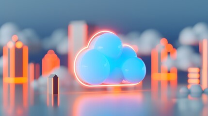 Poster - Abstract 3D render of a neon glowing cloud icon with a futuristic cityscape background. Concept of cloud computing and technology.