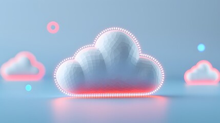 Poster - Abstract 3D render of cloud icons with holographic lighting, depicting cloud computing technology and data storage concepts.