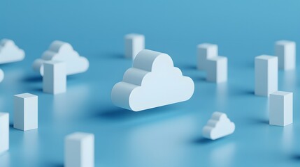 Poster - Abstract 3D render of white cloud and rectangular shapes on a blue background, representing cloud computing and data storage concepts.