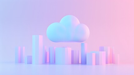 Poster - Abstract cityscape with a cloud icon in pastel colors, representing cloud computing and modern city development.