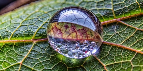 Sticker - Macro photography of a crystal-clear raindrop on a veined leaf, macro, photography, crystal-clear, raindrop, veined leaf