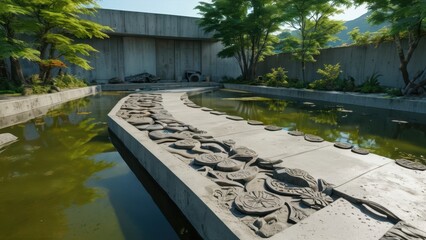 Sticker - Concrete Pathway Through Pond with Carved Flowers.