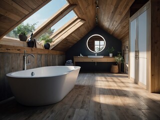 Wall Mural - Stylish attic bathroom showcasing an elegant bathtub