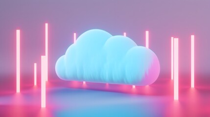 Poster - Abstract neon cloud surrounded by vertical pink light bars on a purple background, showcasing a futuristic and digital atmosphere. 3D Illustration.