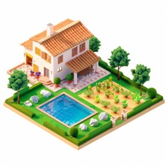 3D Render of a farmhouse with a detached guest house and pool, on isolated white background, Generative AI