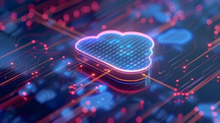 Poster - Abstract representation of cloud computing technology with neon lights and digital circuits. Concept of data storage and internet service. 3D Illustration.