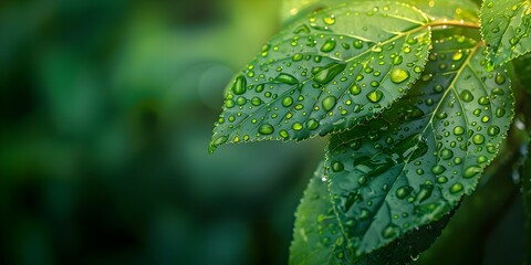 Canvas Print - Closeup of Lush Green Leaf with Glistening Water Droplets Nature and Sustainability Concept