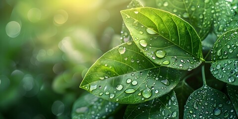 Sticker - Close up of Green Leaf with Water Droplets Nature and Sustainability Concept