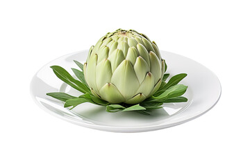 Wall Mural - A Single Artichoke on a White Plate, Ready to Be Prepared on a White or Clear Surface PNG Transparent Background.