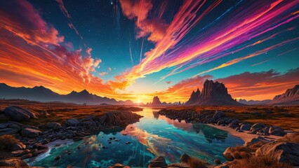 Wall Mural - Mountain River at Sunset with Rainbow Sky.