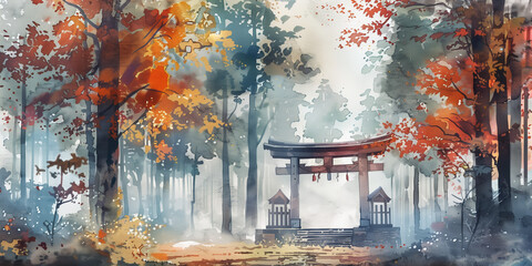 Wall Mural - Watercolor Foggy Forest Landscape Illustration: Shinto Shrine Amid Misty Autumn Woods