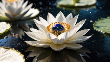 Wall Mural - White Water Lily with Blue Glass Orb.