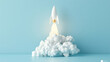 © varut - Creative light bulb rocket with blast and smoke takes off on a blue background, concept. Successful launch and development, creative idea. Think differently. Creative generator. Smart and thinking