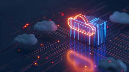 Poster - Futuristic cloud computing and data storage concept with neon lighted cloud icon and circuit board background, showcasing digital technology. 3D Illustration.