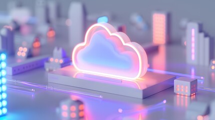 Poster - Futuristic cloud computing concept art with glowing elements, representing data storage, digital innovation and modern technology 3D Illustration.