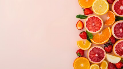 Wall Mural - A colorful fruit display with oranges, strawberries, and grapefruit