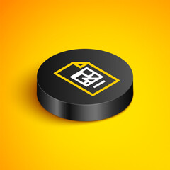 Poster - Isometric line File document with illustration icon isolated on yellow background. Checklist icon. Business concept. Black circle button. Vector