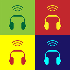 Poster - Pop art Smart headphones system icon isolated on color background. Internet of things concept with wireless connection. Vector