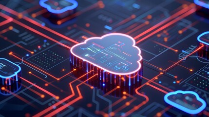 Poster - Futuristic cloud computing illustration with neon lights. Concept of data transfer, networking, and internet technology. 3D Illustration.