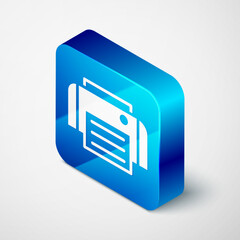 Poster - isometric printer icon isolated on grey background. blue square button. vector