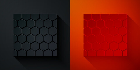 Poster - Paper cut Honeycomb icon isolated on black and red background. Honey cells symbol. Sweet natural food. Paper art style. Vector