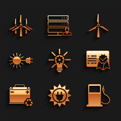 Wall Mural - Set Light bulb with gear, Solar energy panel, Petrol or Gas station, Certificate template, Car battery recycle, Sun electric plug, Wind turbine and turbines icon. Vector