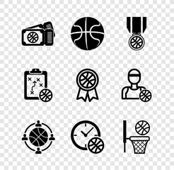 Poster - Set Basketball game ticket, medal, Planning strategy, Clock with basketball, and, and award icon. Vector